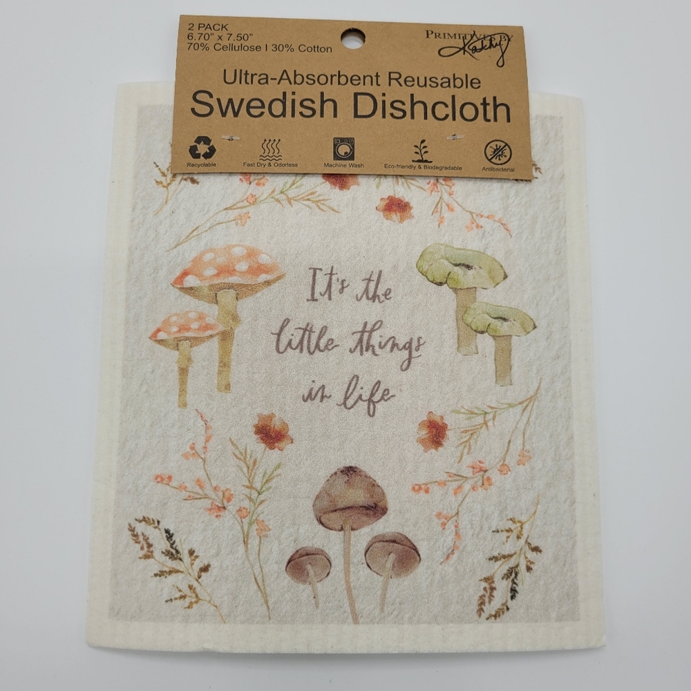 Primitives By Kathy Swedish Dishcloth Set Of 2 Mushroom Floral Design Eco NEW